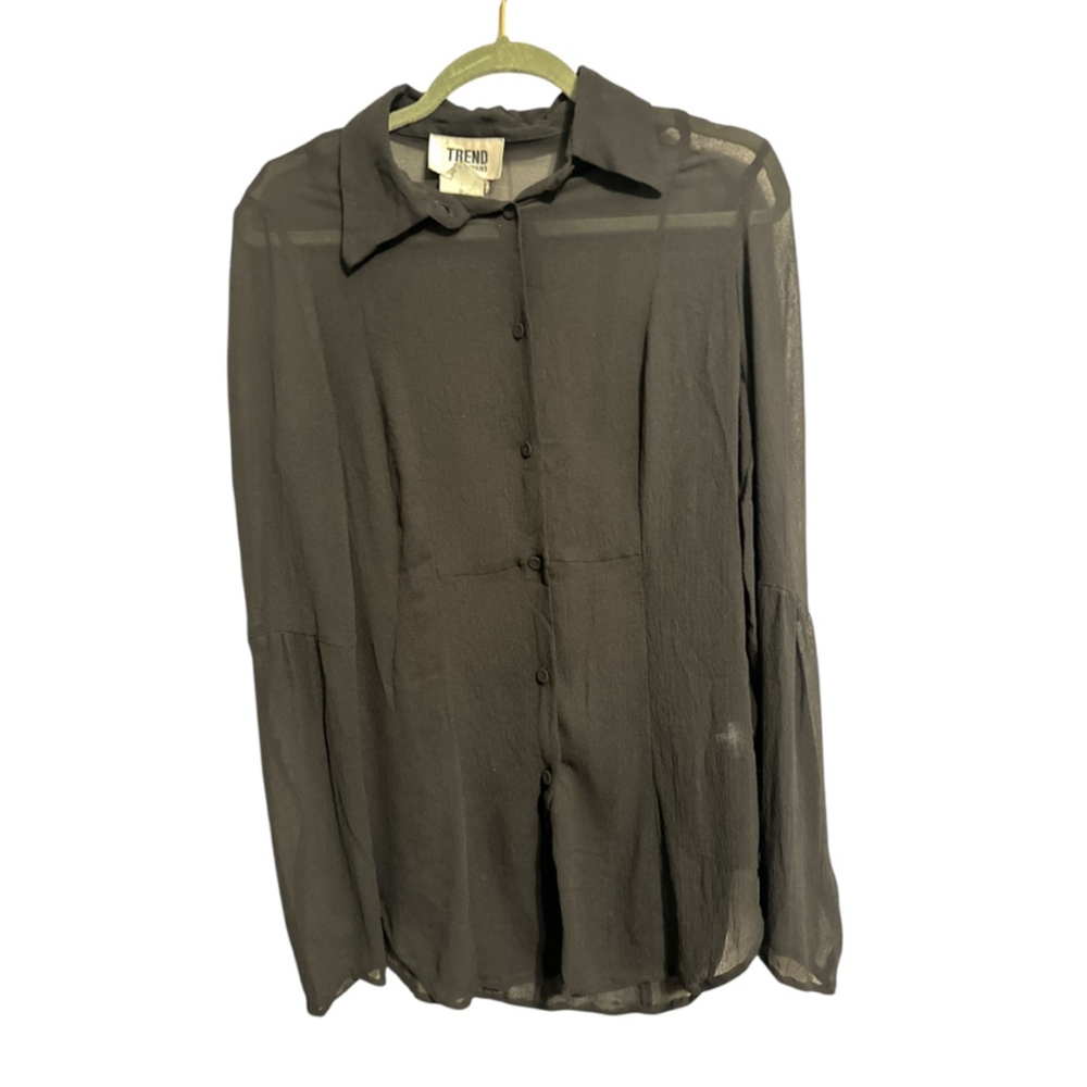 Trend Les Copains Organza Blouse Black Made in Italy Button Front Fancy Seaming